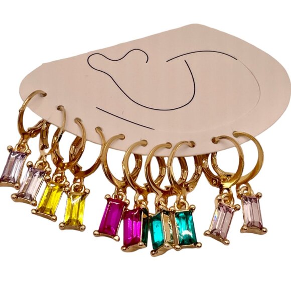 ⭐️❤️FREE Rhinestone Baguette Hoop Set Hipster Hippie Art Chic Glam Mini Earrings - Picture 1 of 8